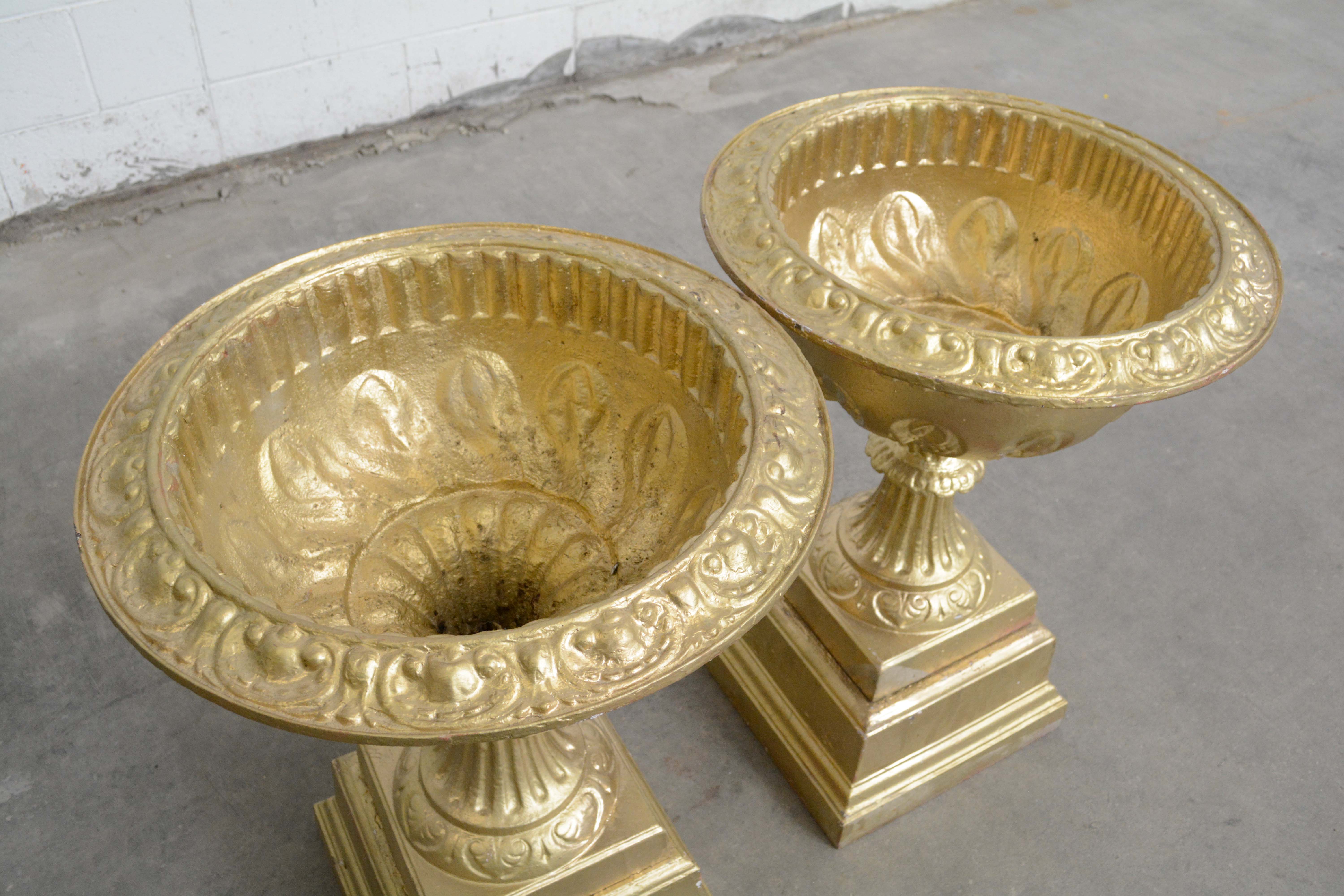 Neoclassical Style Urn Shaped Painted Iron Planters on Beveled Stands