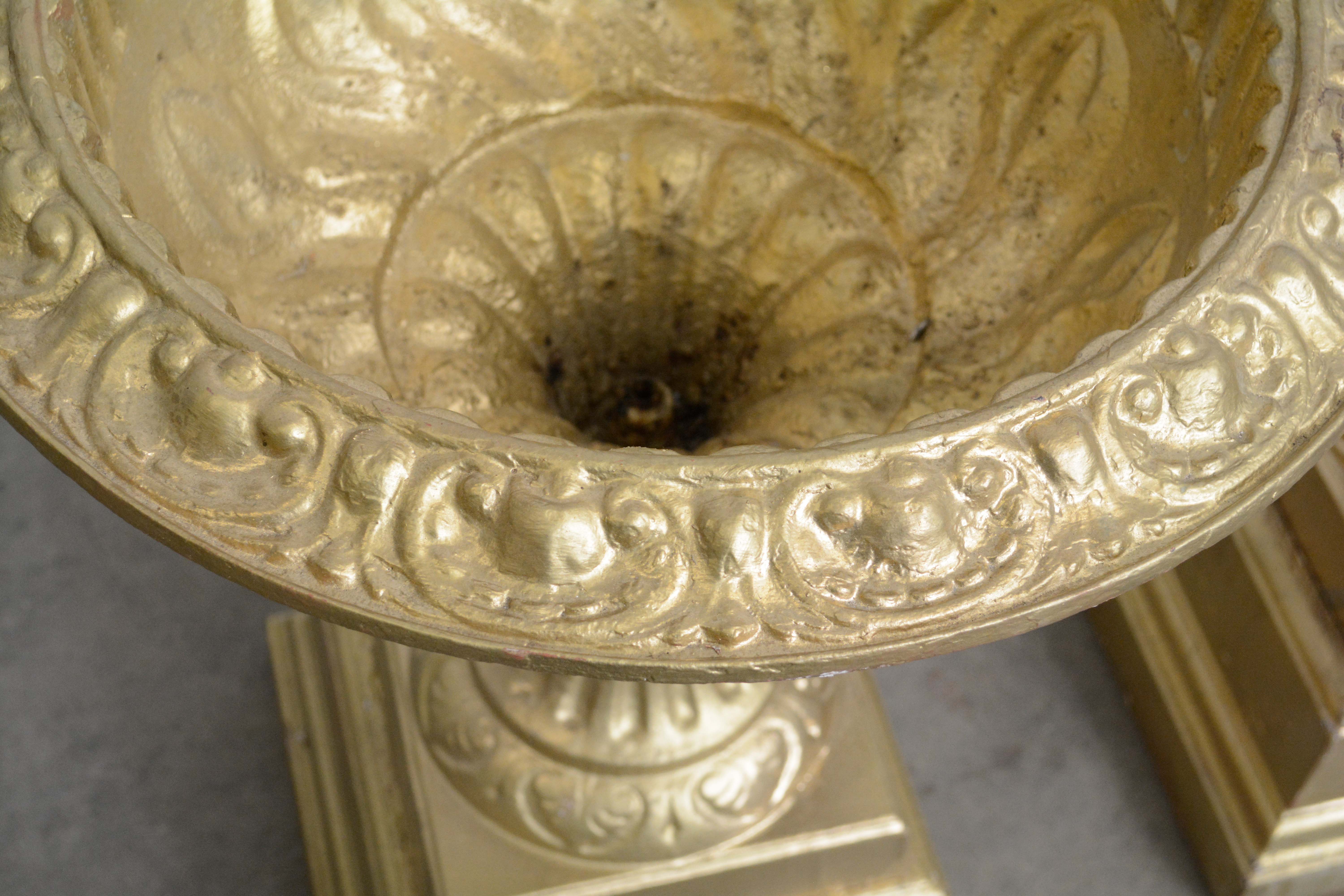 Neoclassical Style Urn Shaped Painted Iron Planters on Beveled Stands