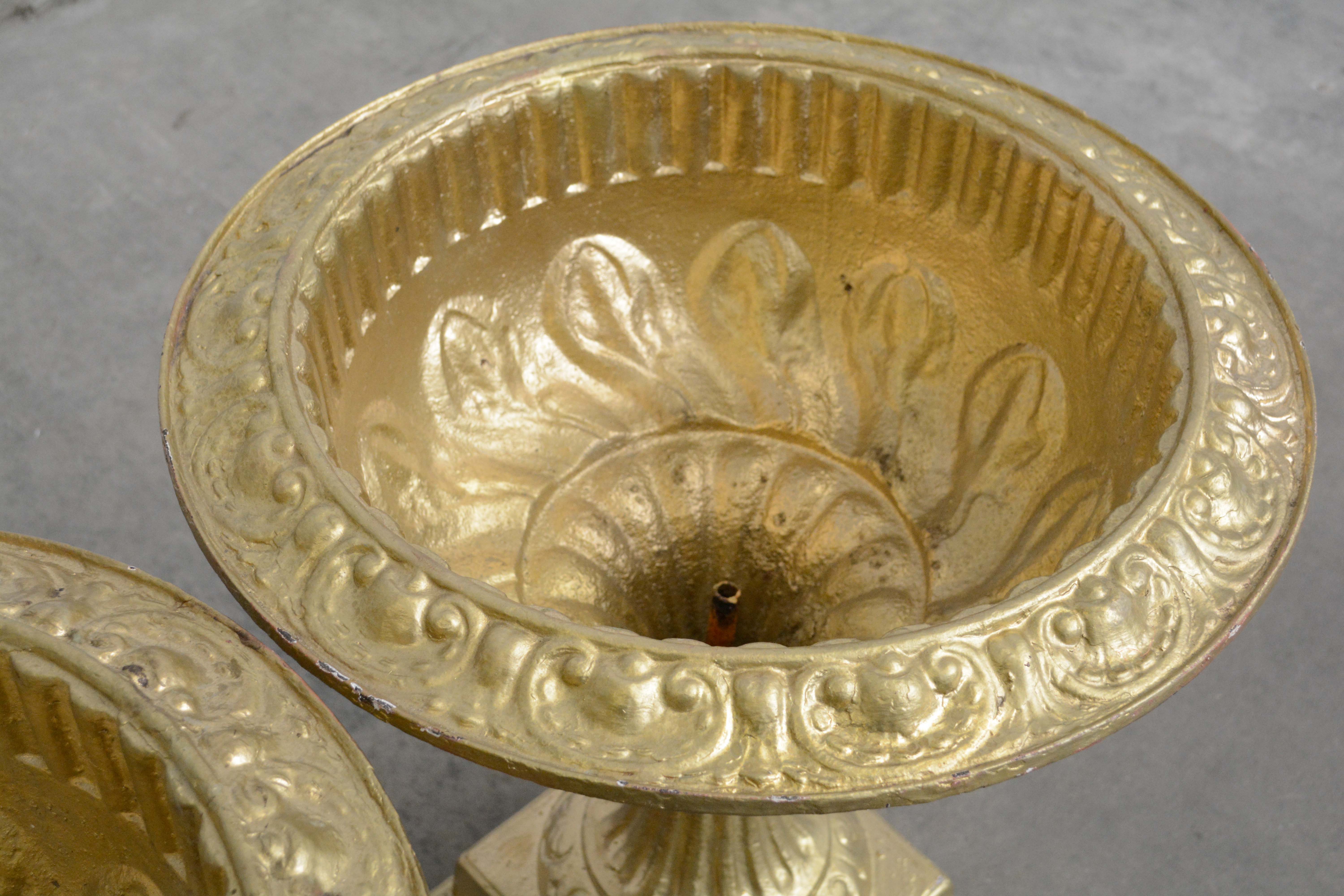 Neoclassical Style Urn Shaped Painted Iron Planters on Beveled Stands