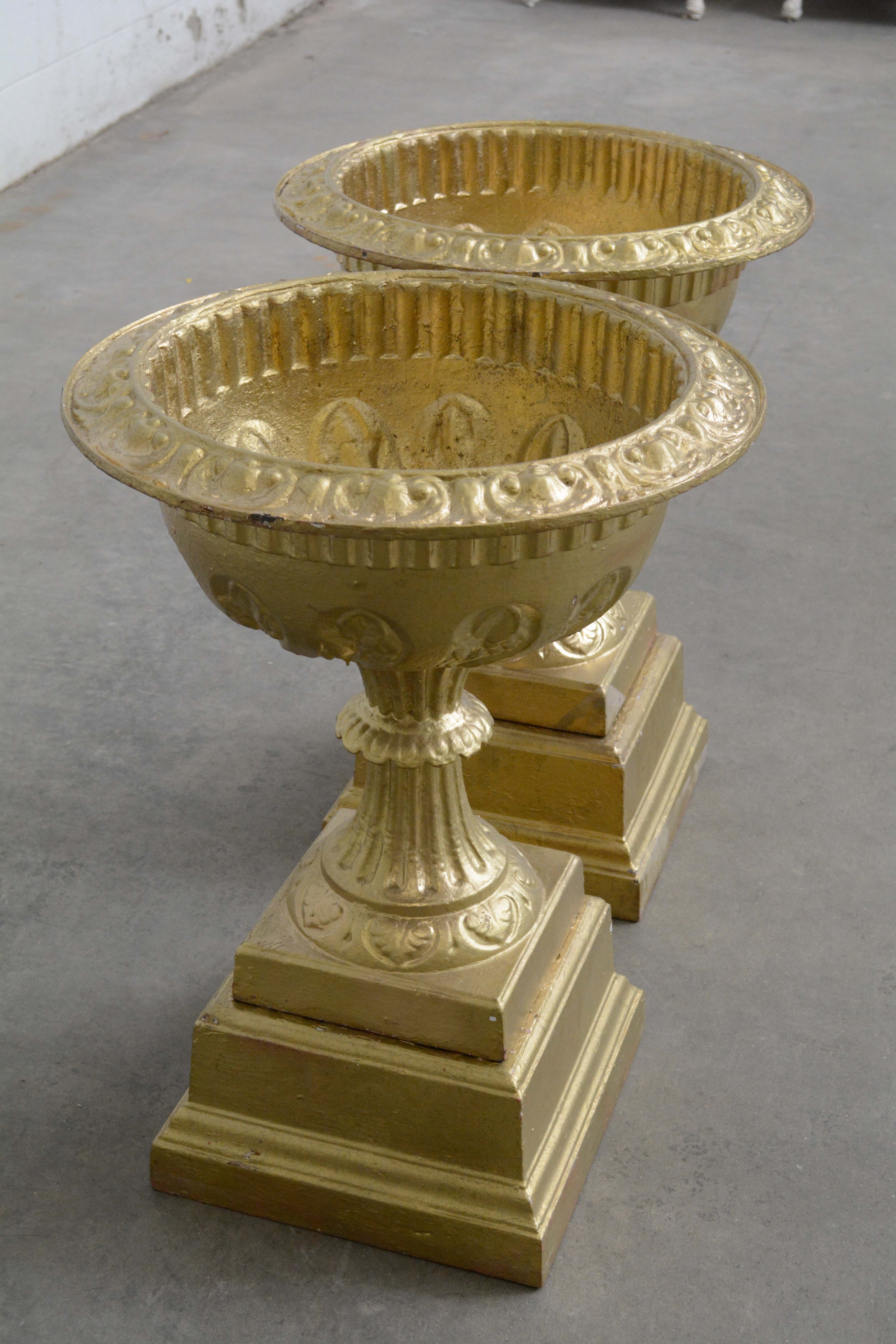 Neoclassical Style Urn Shaped Painted Iron Planters on Beveled Stands