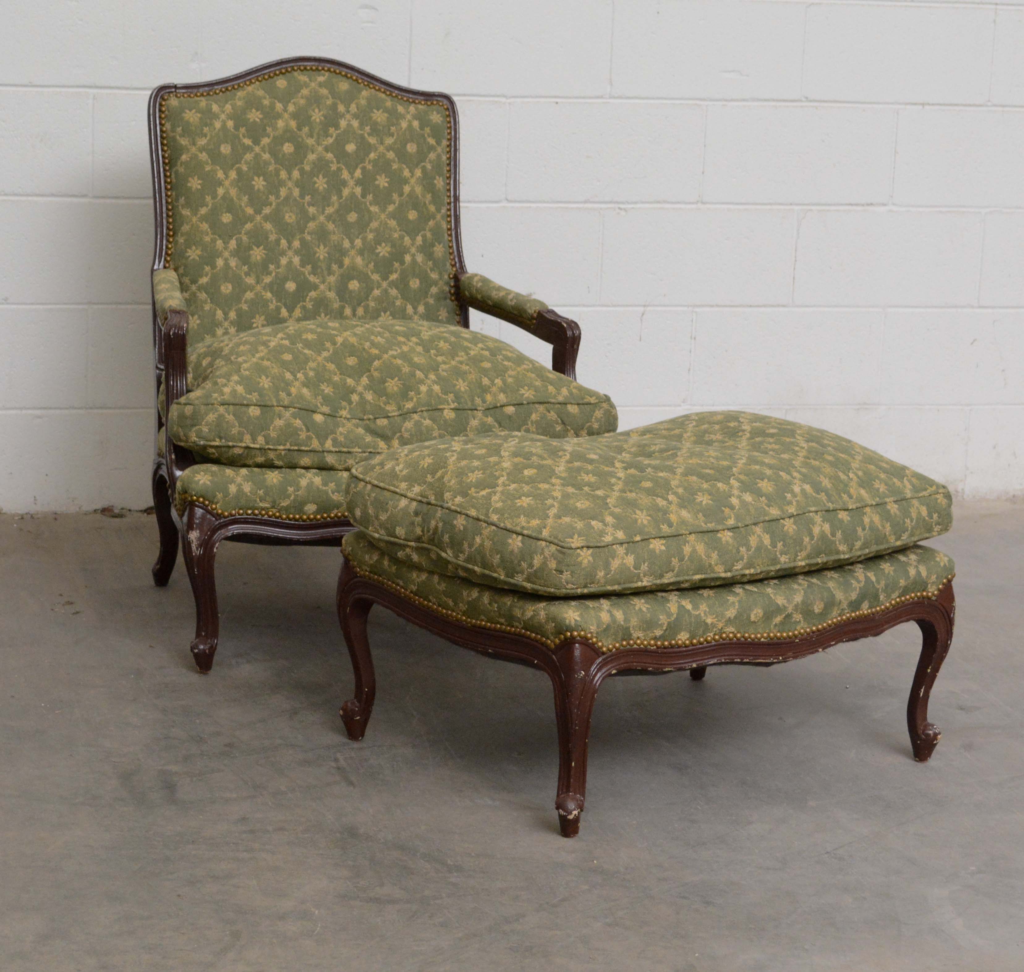 French Provincial Style Upholstered Bergere with Ottoman, 20th Century