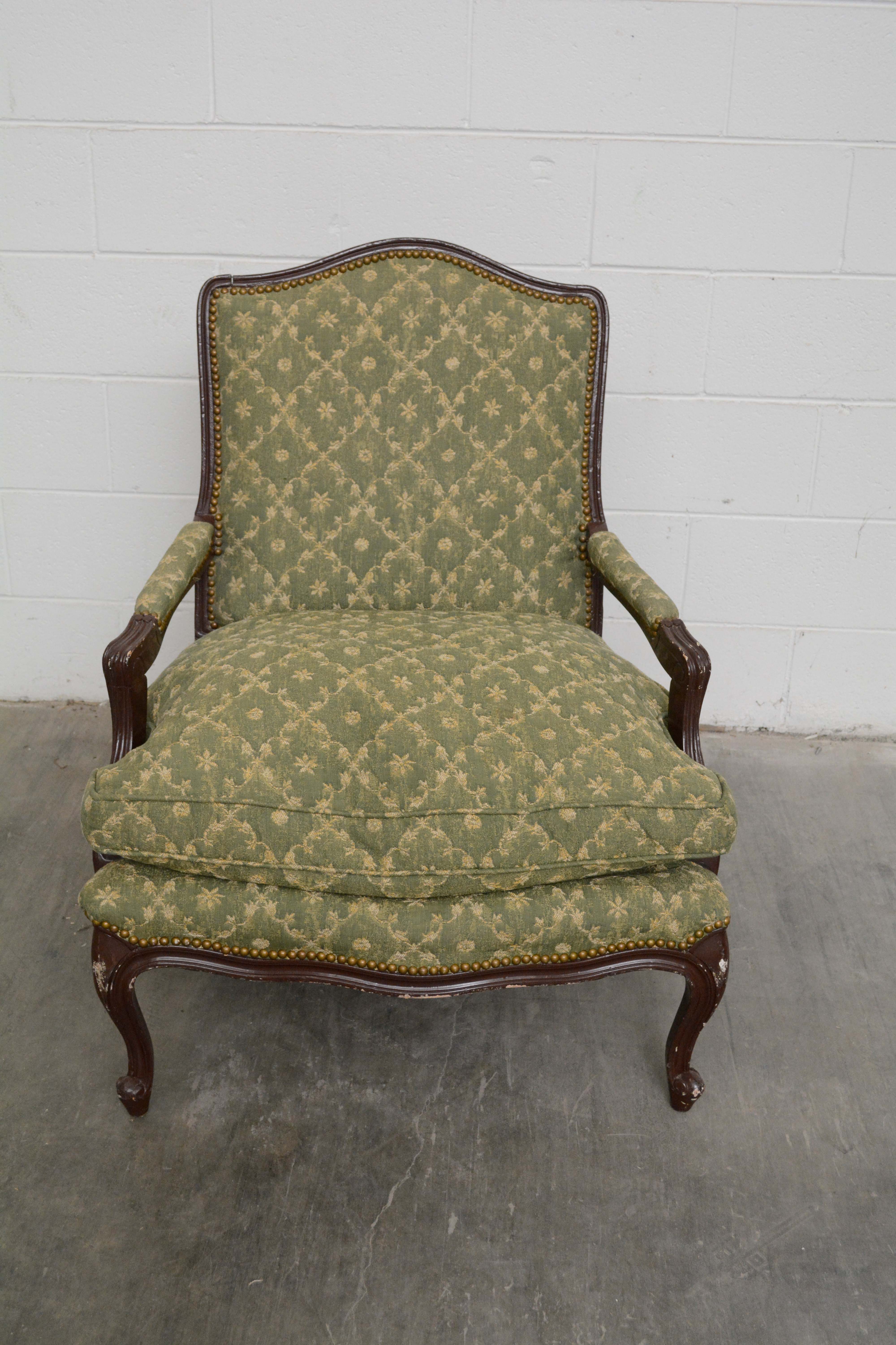 French Provincial Style Upholstered Bergere with Ottoman, 20th Century