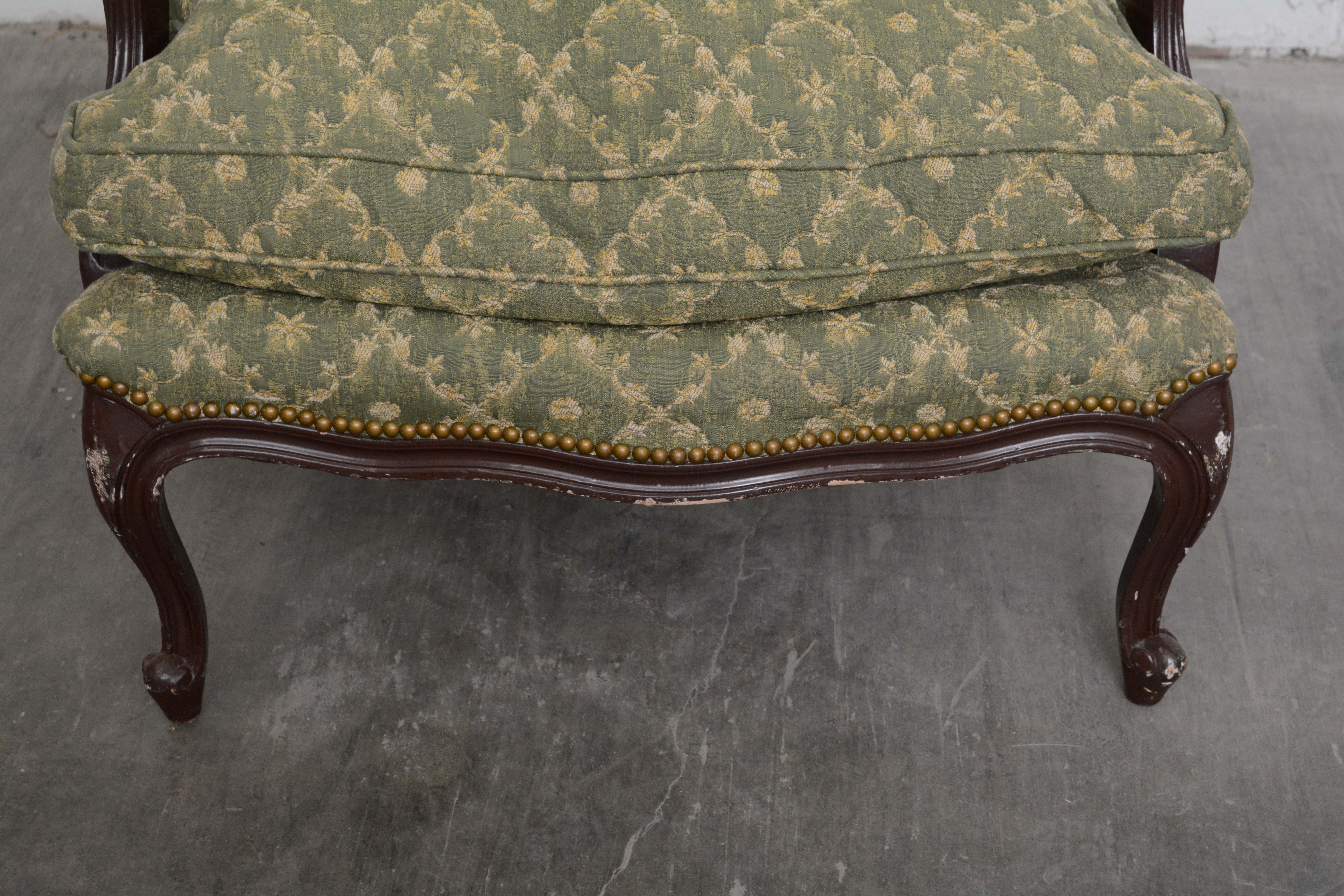 French Provincial Style Upholstered Bergere with Ottoman, 20th Century