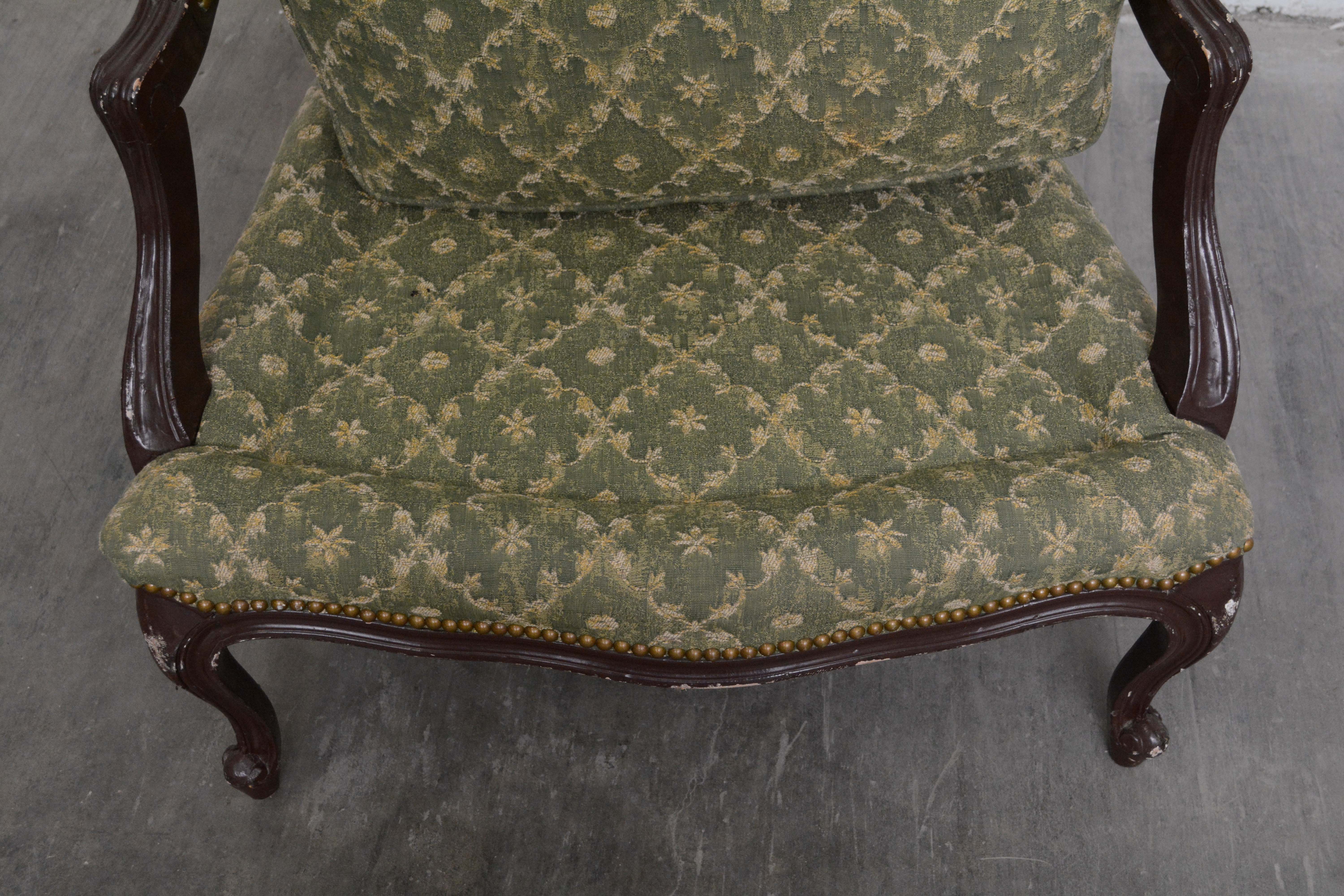 French Provincial Style Upholstered Bergere with Ottoman, 20th Century