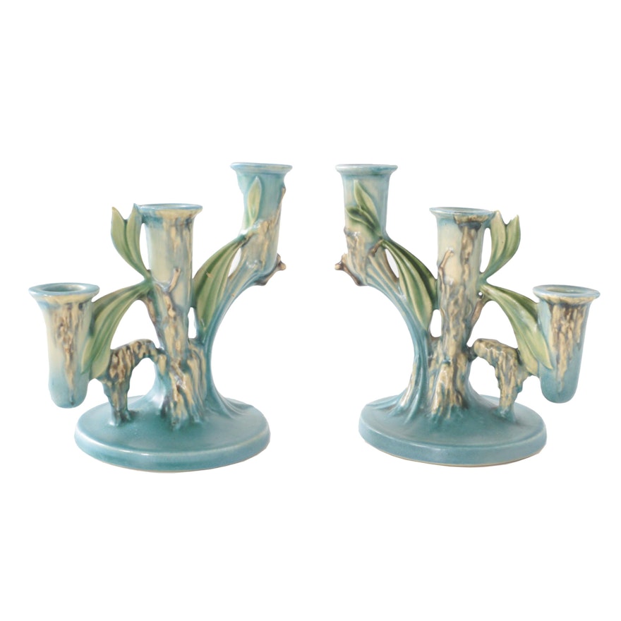 Roseville Pottery "Moss" Candelabras, Circa 1940s