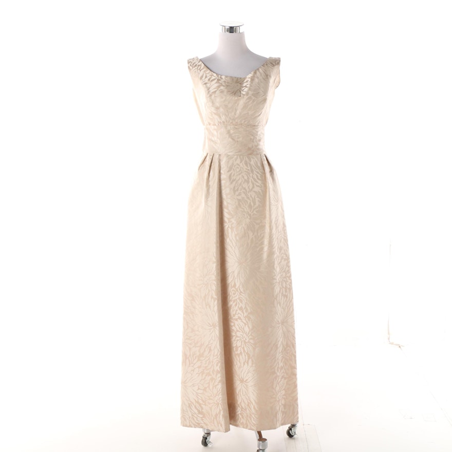 1960s I. Magnin Champagne Jacquard Chrysanthemum Sleeveless Gown with Bow Belt