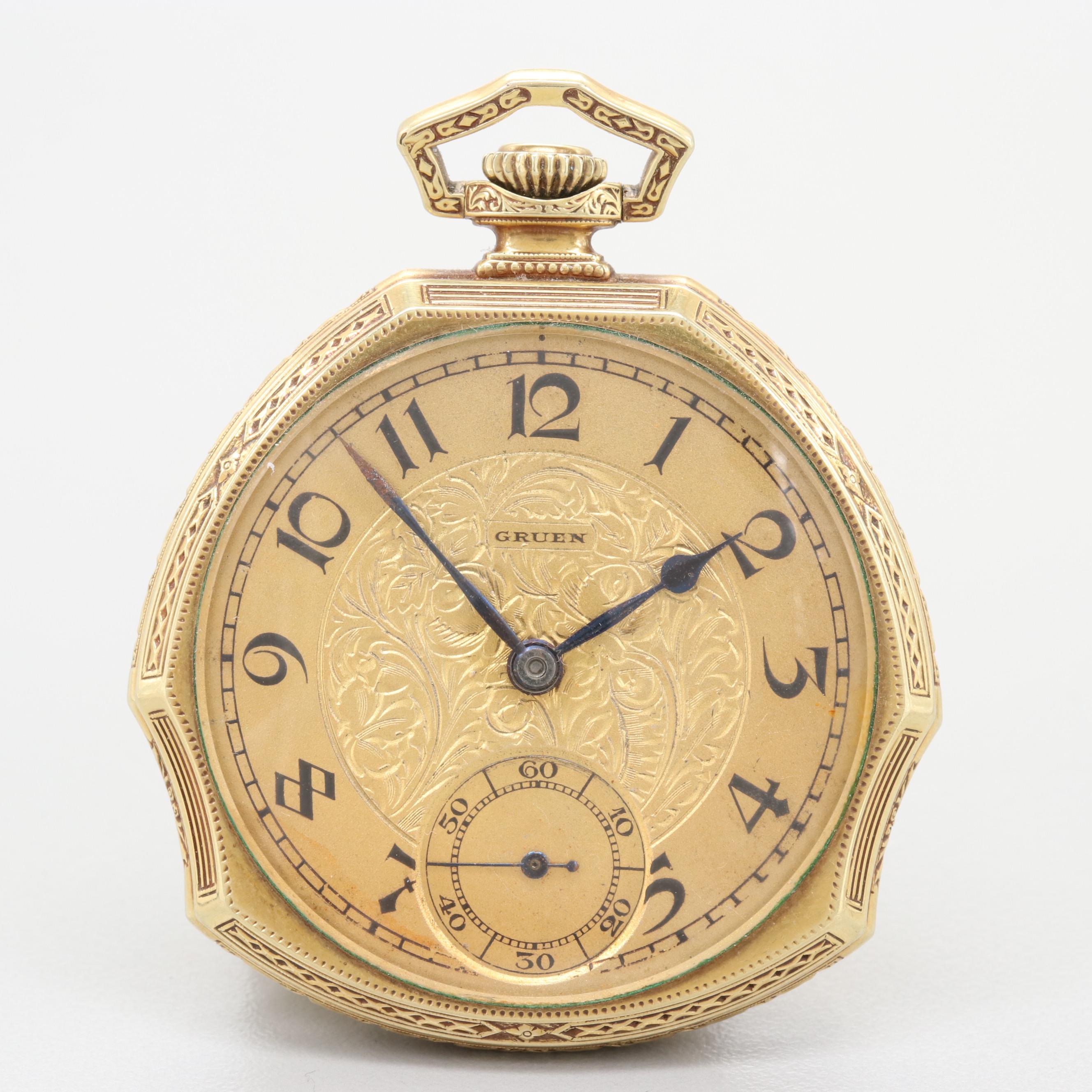 Vintage Gruen Gold Filled Patented Shape Pocket Watch and Time Hill Display
