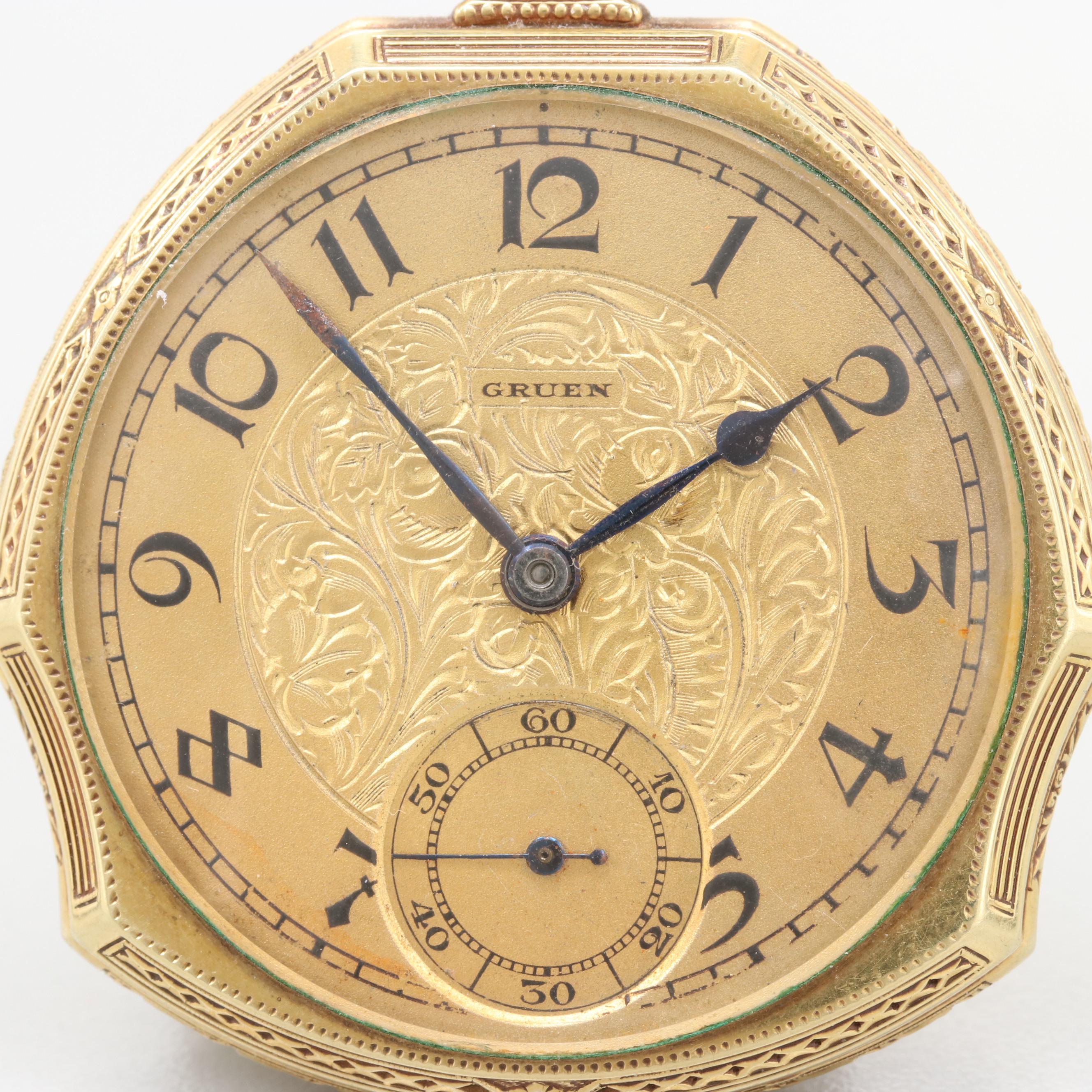 Vintage Gruen Gold Filled Patented Shape Pocket Watch and Time Hill Display
