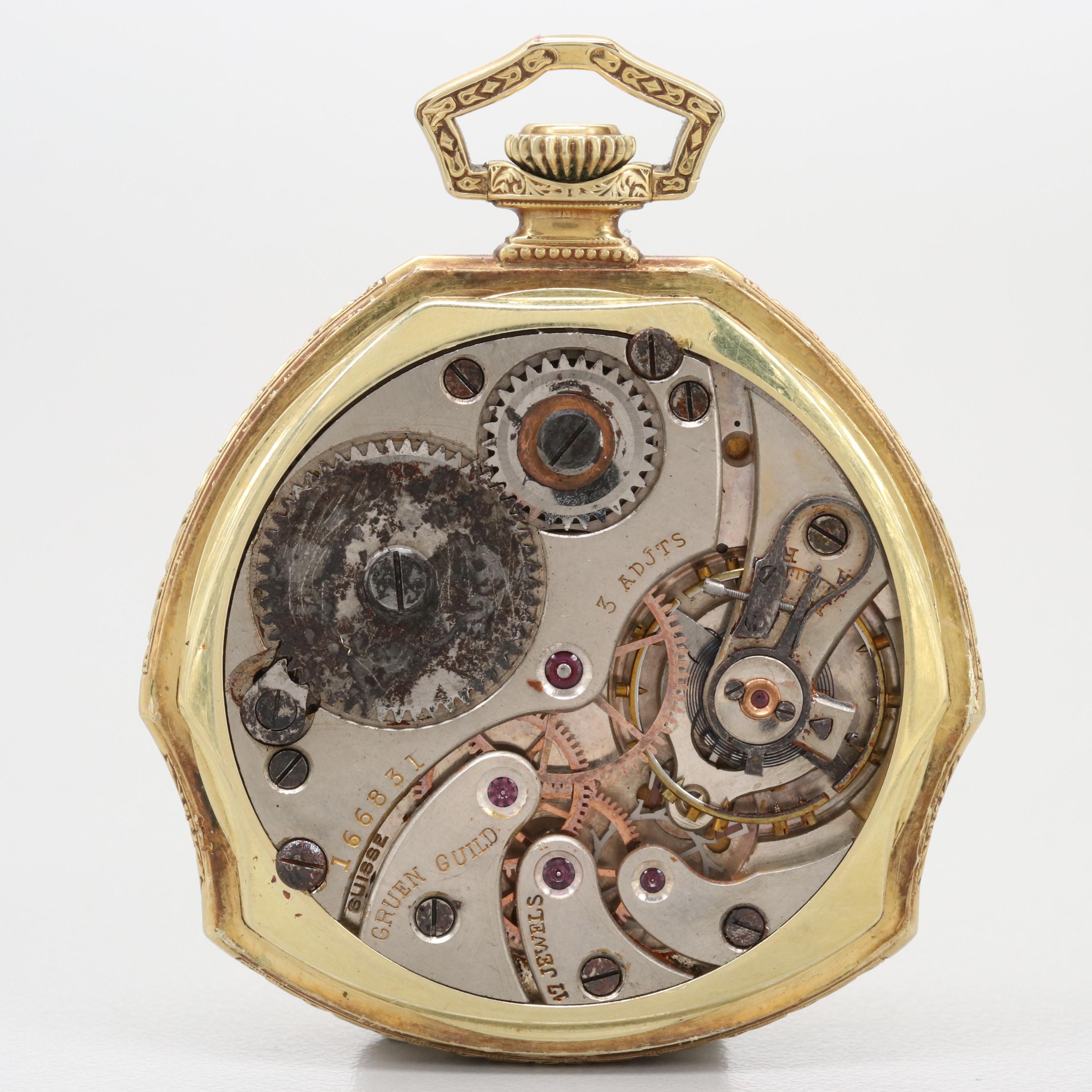 Vintage Gruen Gold Filled Patented Shape Pocket Watch and Time Hill Display