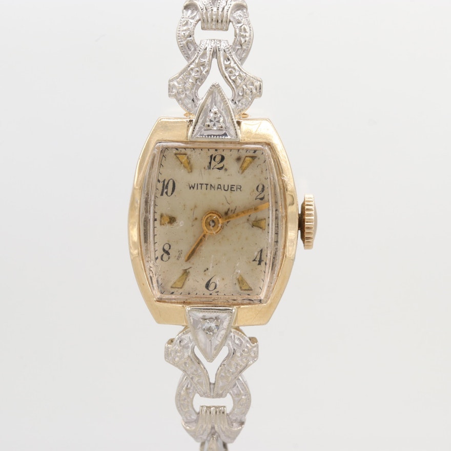 Vintage Wittnauer 14K Yellow and White Gold Wristwatch With Diamond Lugs