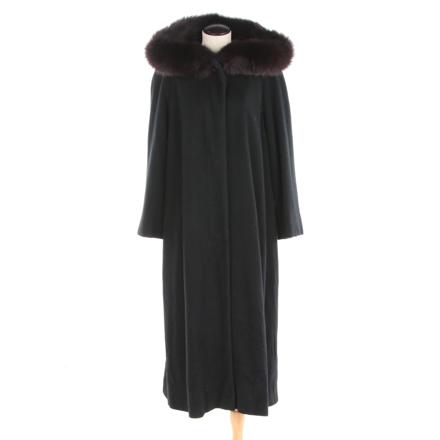 Women's Vintage Black Cashmere Full-Length Coat with Fox Fur Trimmed Hood