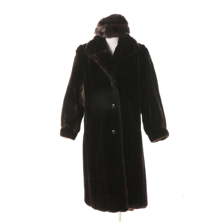 Women's Circa 1960s Vintage Tissavel Brown Faux Fur Coat with Matching Hat