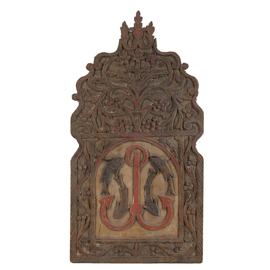 European Carved Polychrome Wood Sign Symbolic of Jesus Christ, Probably 19th C