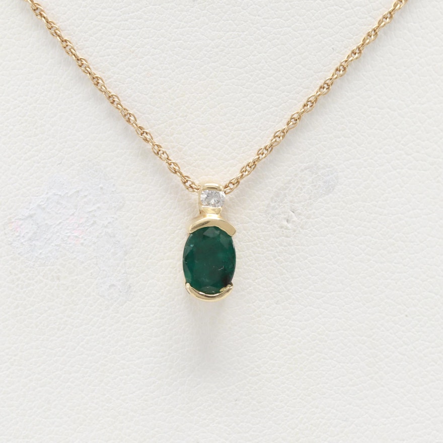 14K Yellow Gold Emerald and Diamond Necklace