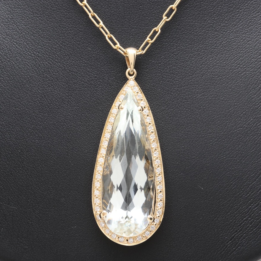 14K Yellow Gold Synthetic Aquamarine and Diamond Pendant Necklace