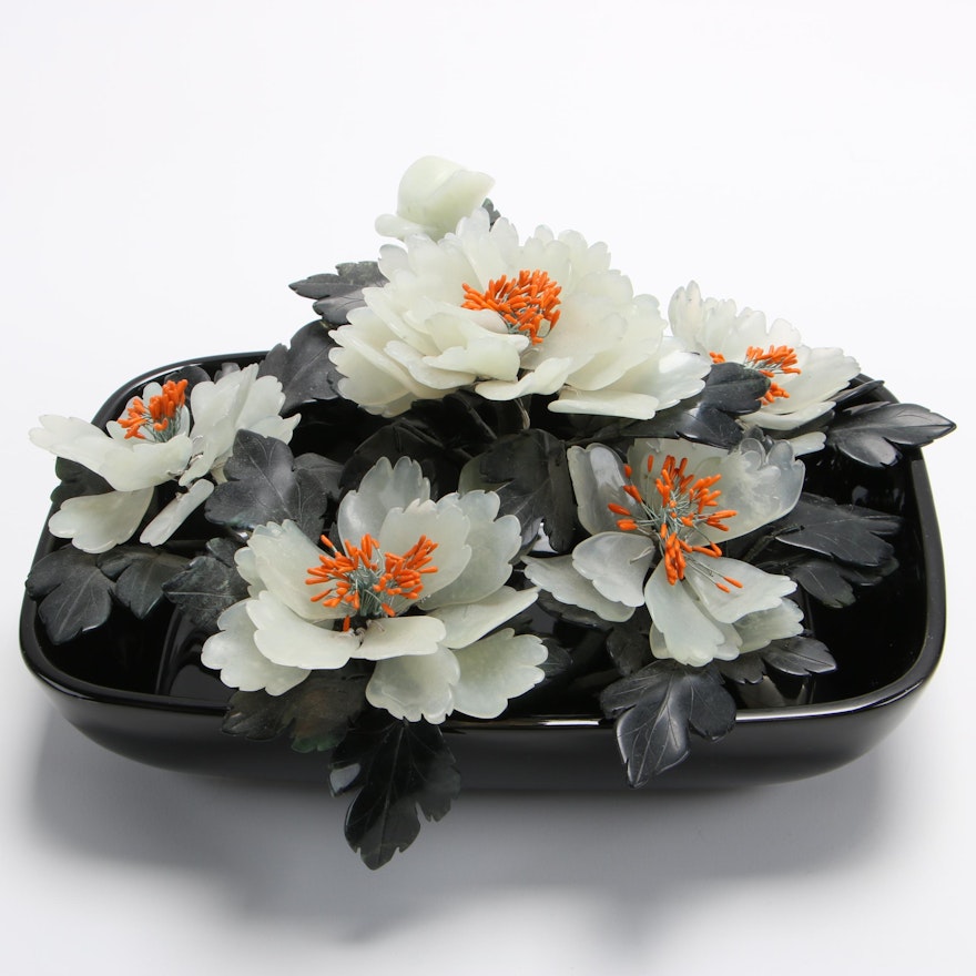 Chinese Bowenite and Nephrite Floral Arrangement in Inarco Bowl