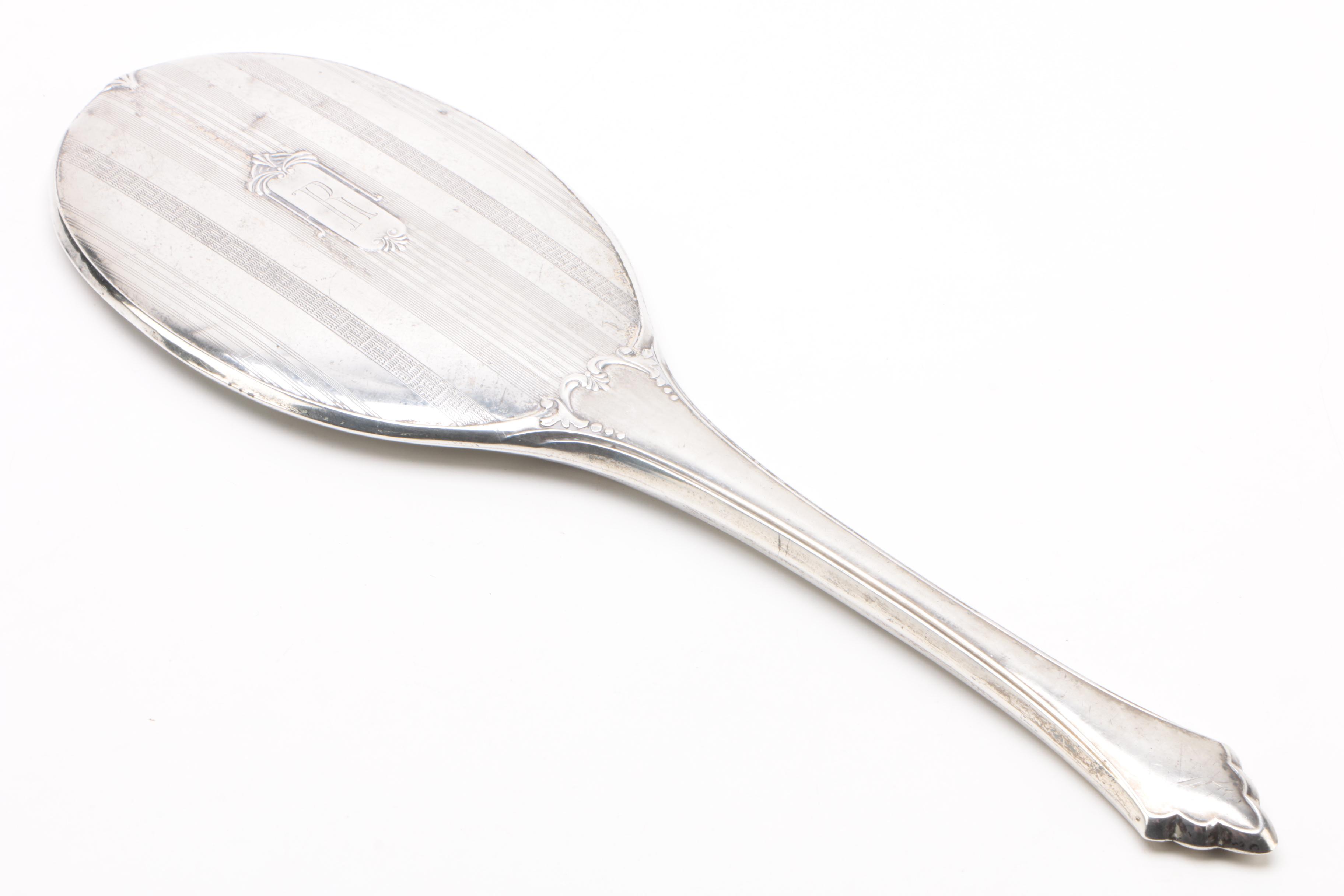 Victorian Saart Bros. Sterling Hand Mirror with Silver Plate Vanity Accessories