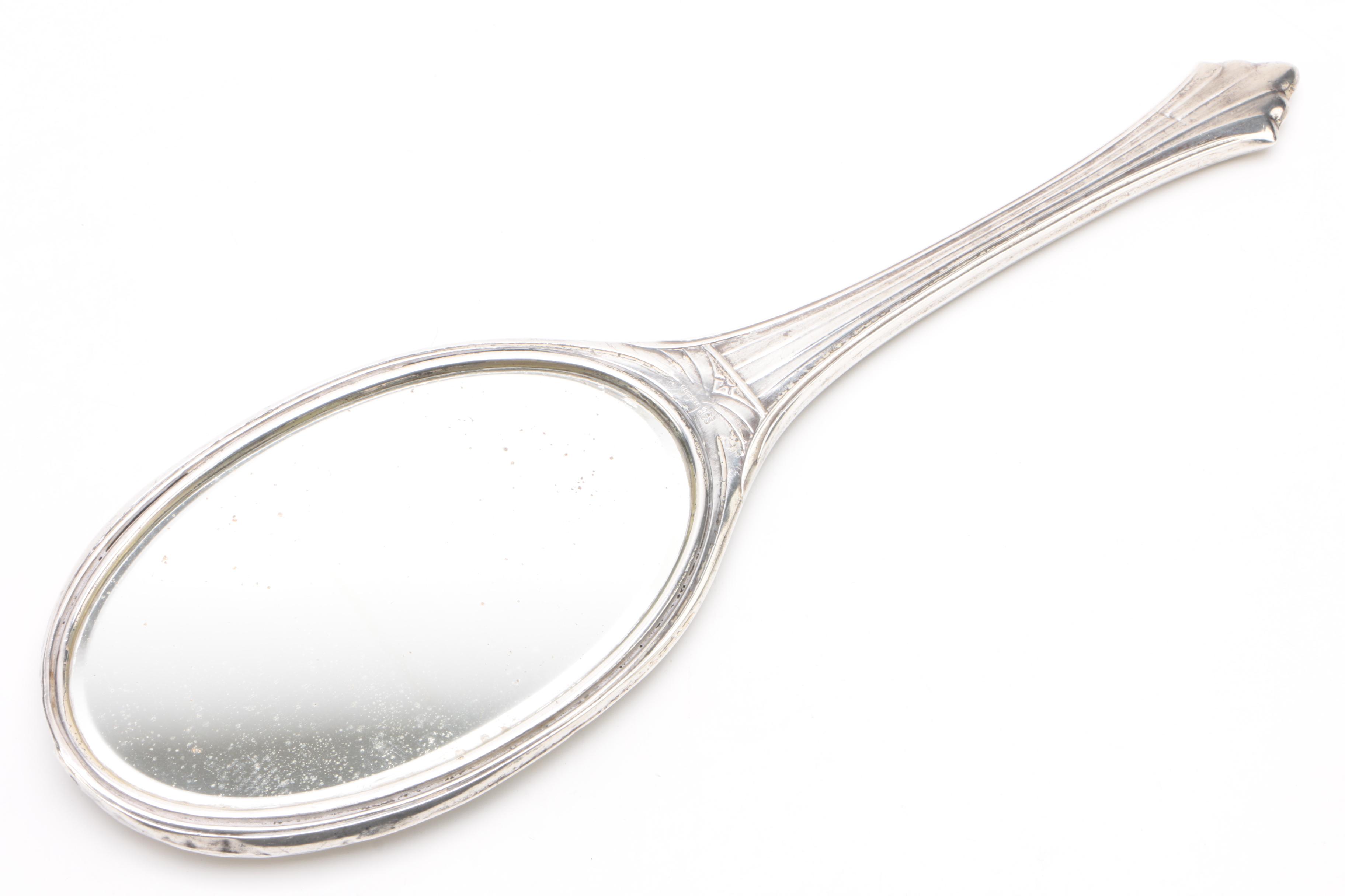 Victorian Saart Bros. Sterling Hand Mirror with Silver Plate Vanity Accessories