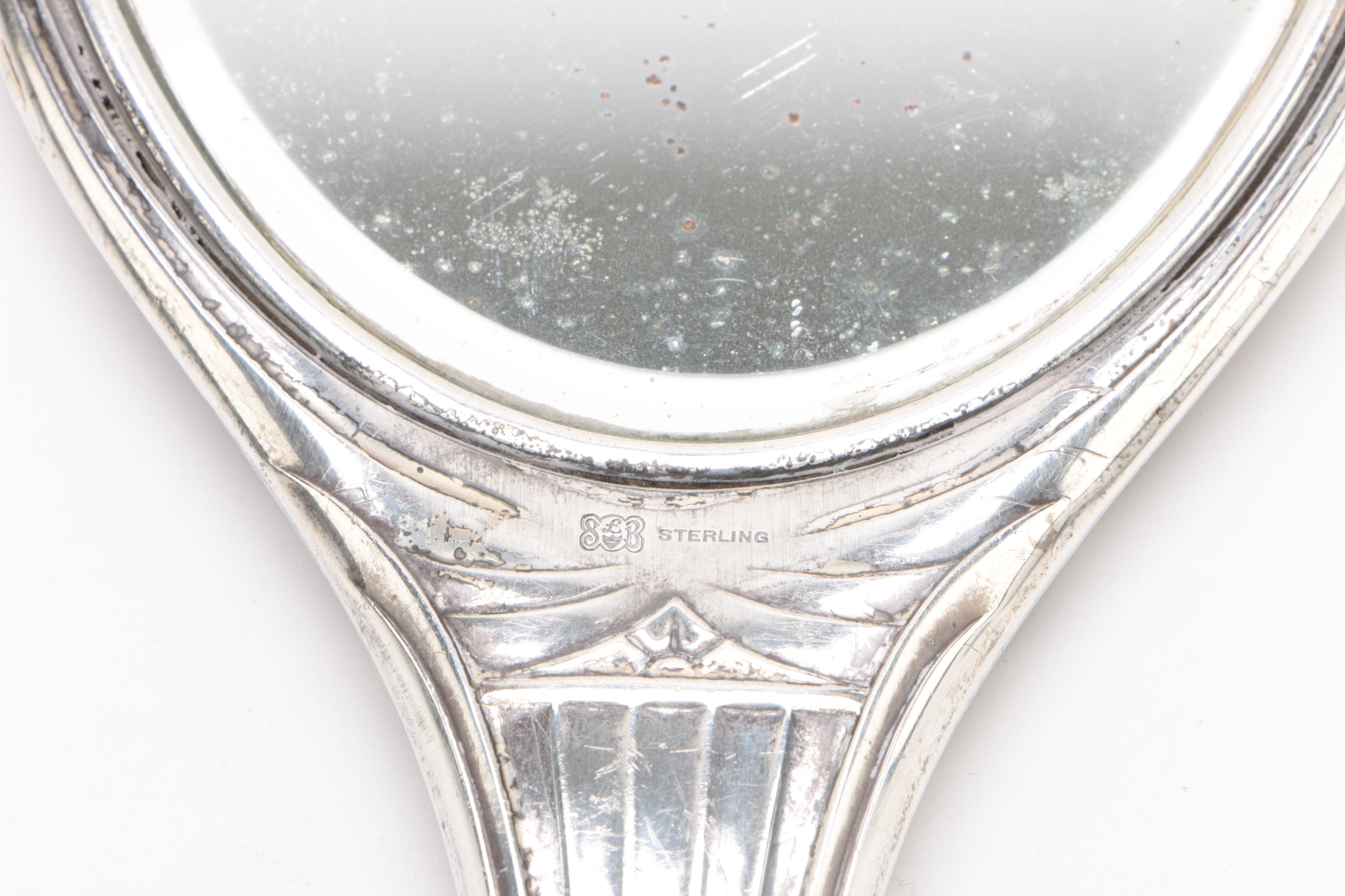 Victorian Saart Bros. Sterling Hand Mirror with Silver Plate Vanity Accessories