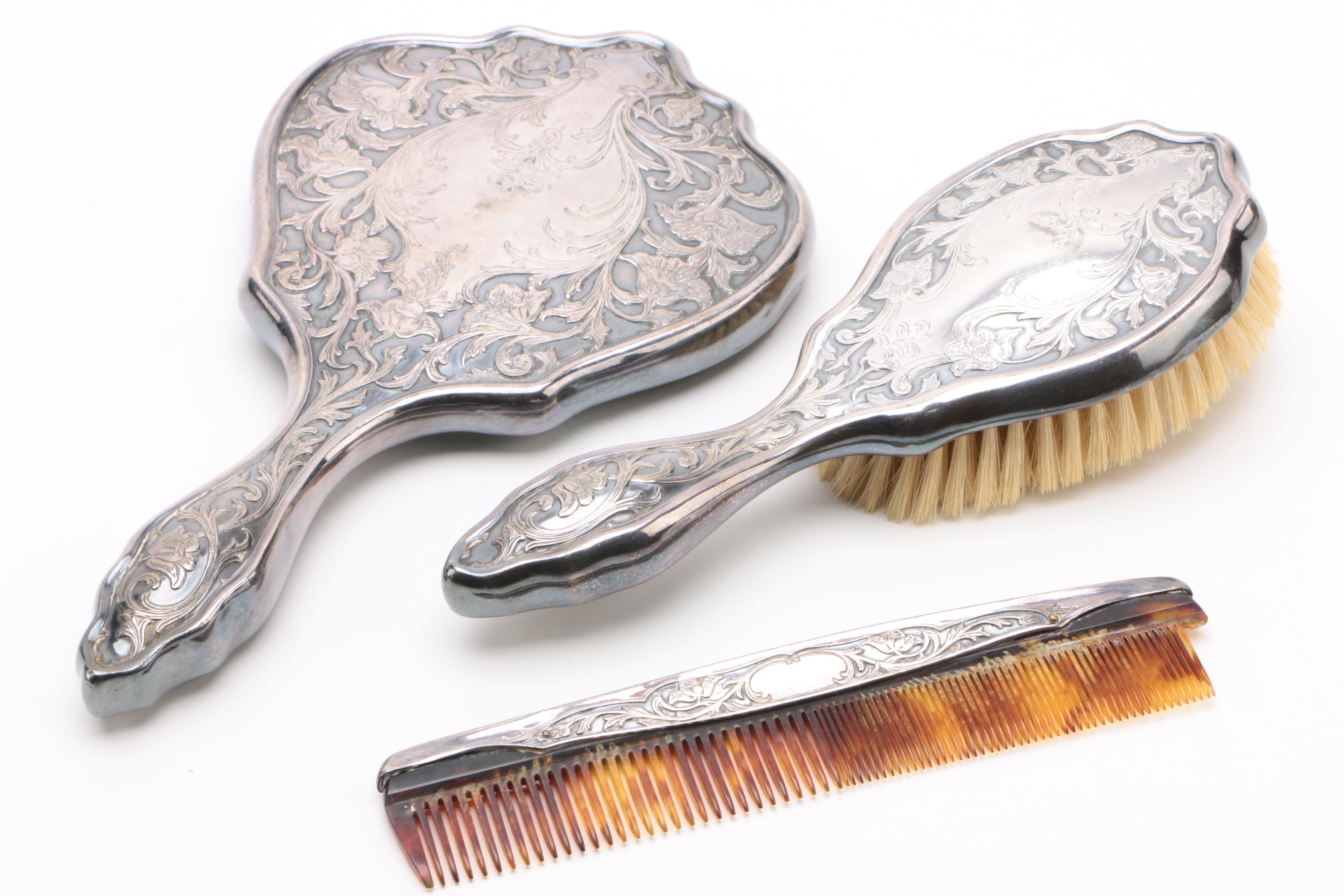 Victorian Saart Bros. Sterling Hand Mirror with Silver Plate Vanity Accessories