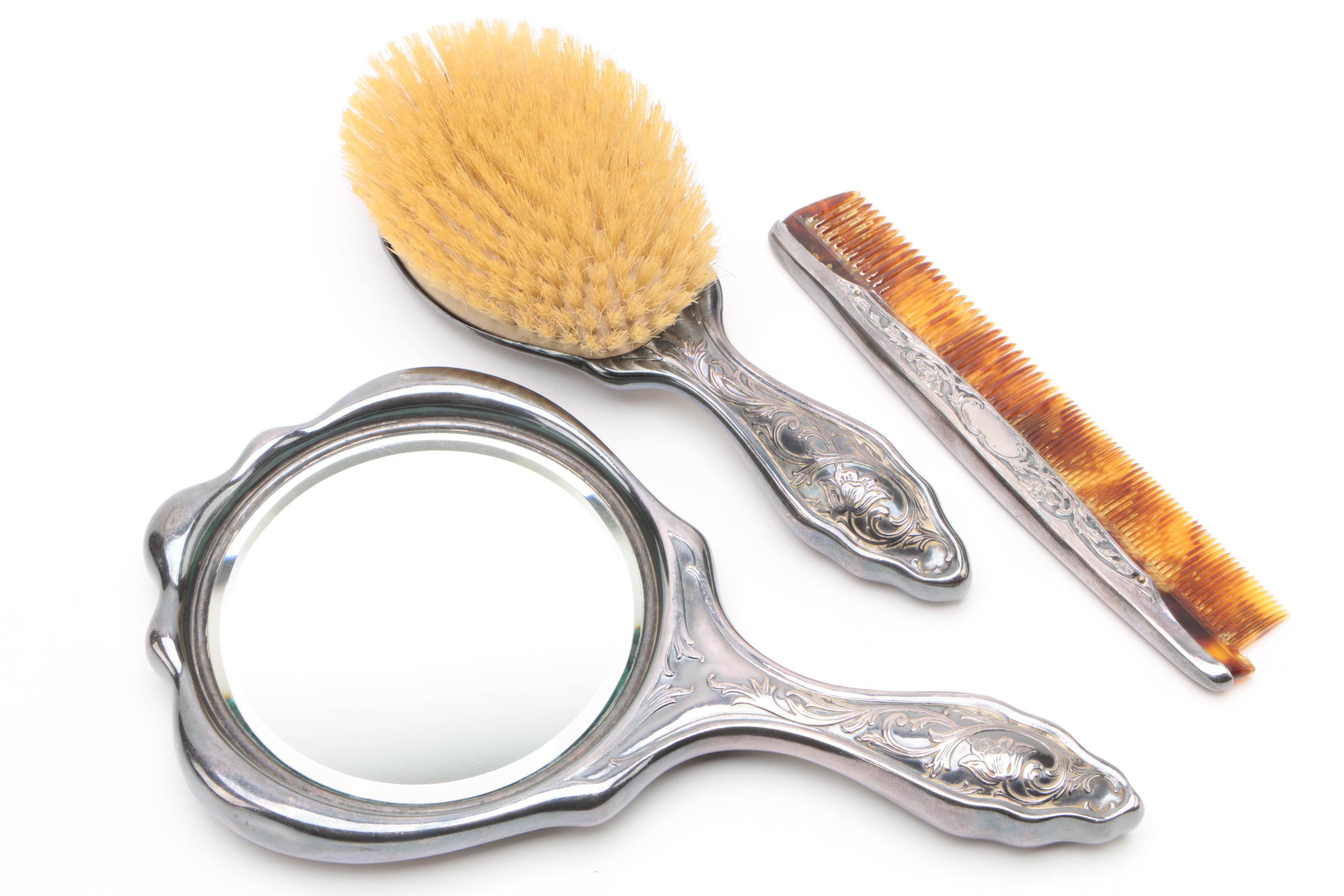 Victorian Saart Bros. Sterling Hand Mirror with Silver Plate Vanity Accessories