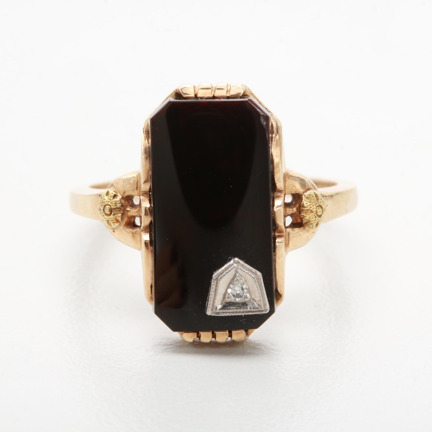 Art Deco 10K Yellow and White Gold Black Onyx Diamond Ring