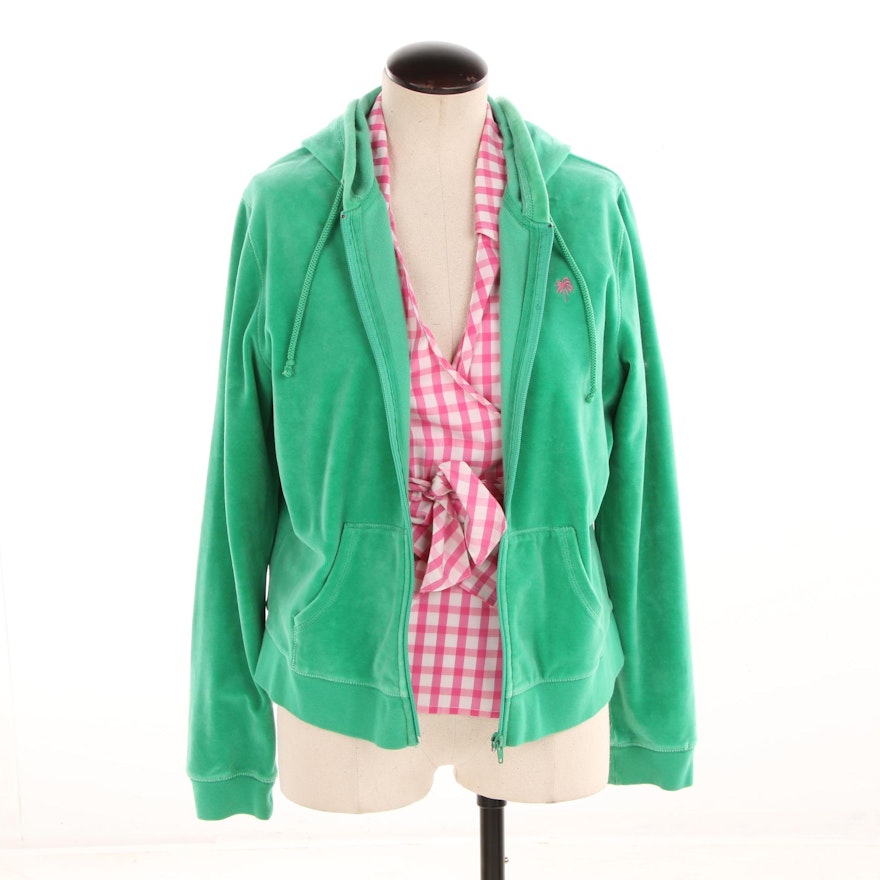 Lilly Pulitzer Green Velour Hoodie and Pink Gingham Sleeveless Wrap Shirt