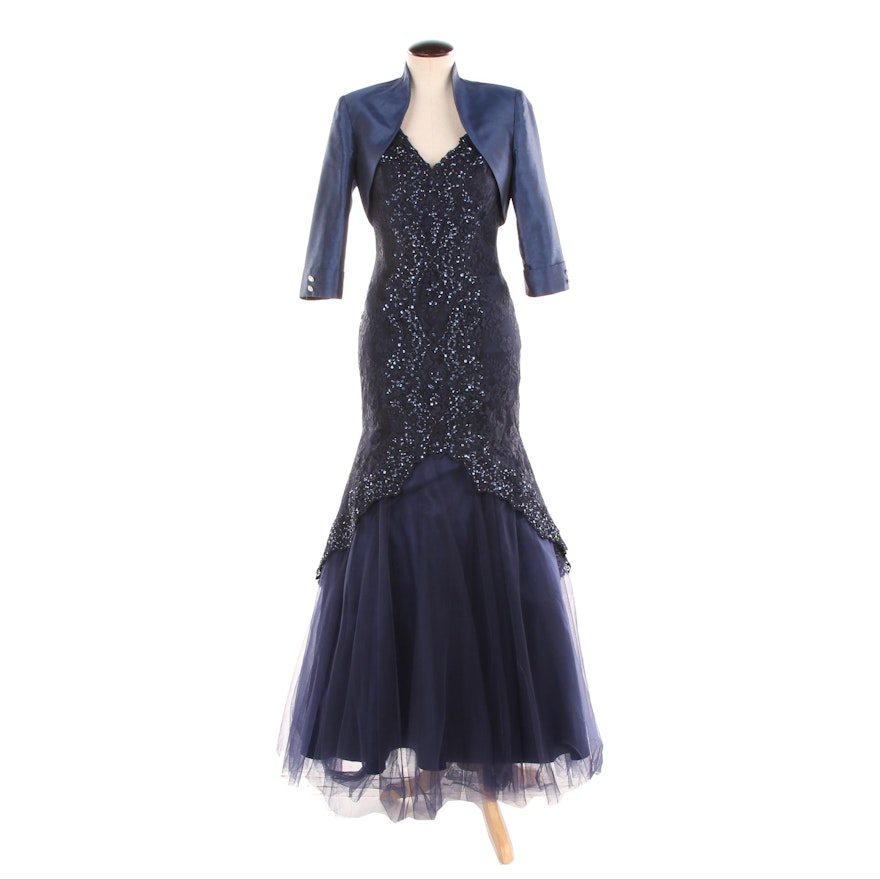 MGNY Navy Embellished Trumpet Gown Including Social Occasions Bolero
