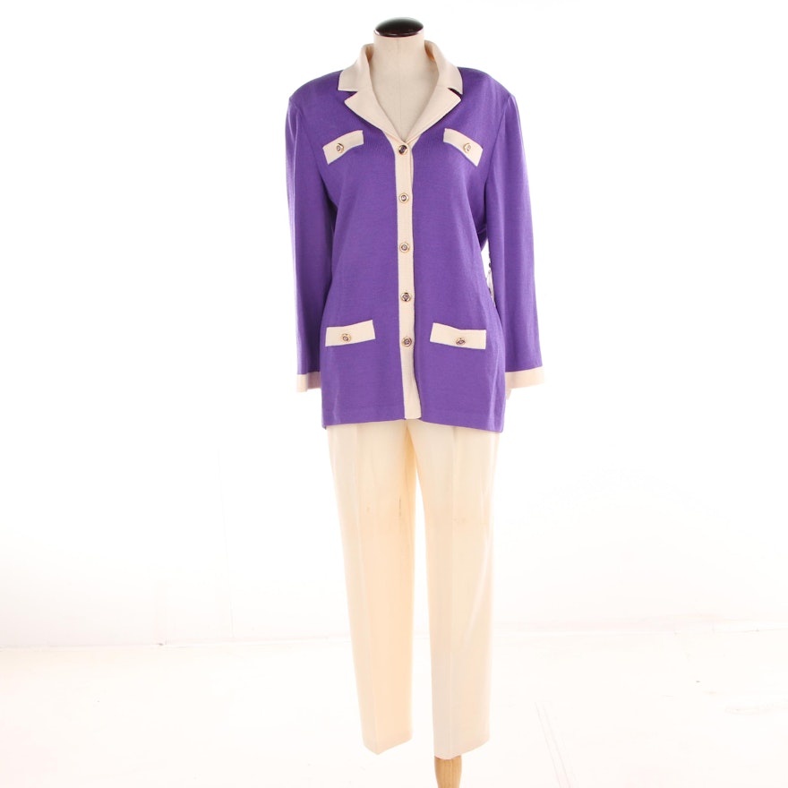 Women's St. John Collection Purple and Cream Knit Pantsuit