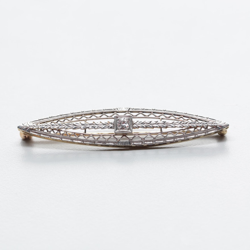 Edwardian 14K Yellow Gold Brooch with Platinum Trim