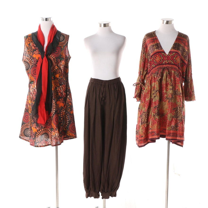 Aller Simplement Mixed Print V-Neck Tunic, Gathered Hem Pants and Tie Neck Tunic