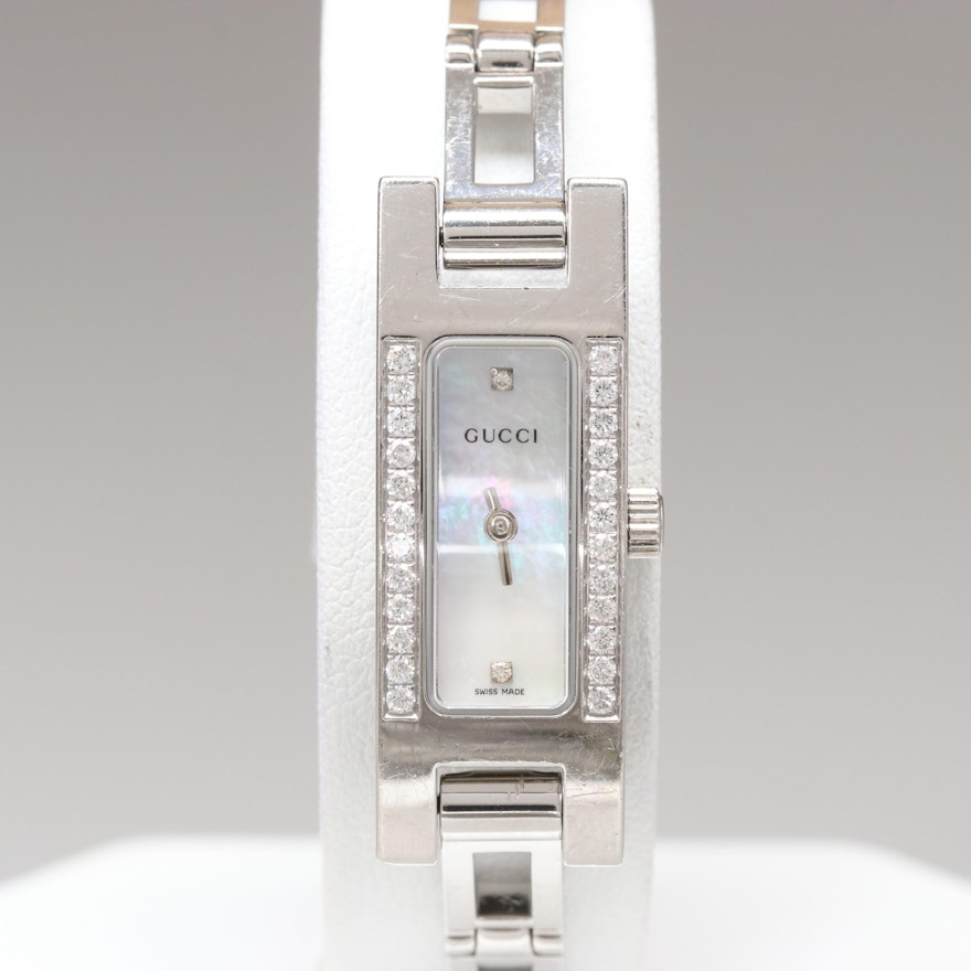 Gucci Stainless Steel Diamond and Mother of Pearl Wristwatch