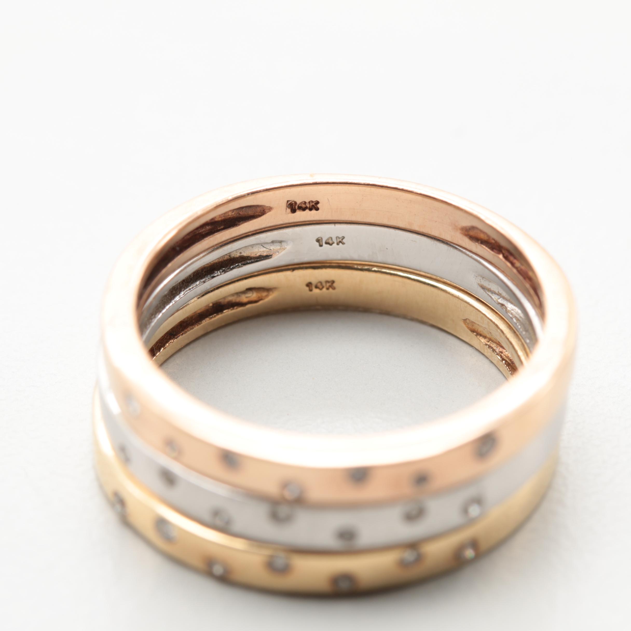 14K Gold Tri-Color Stackable Diamond Rings