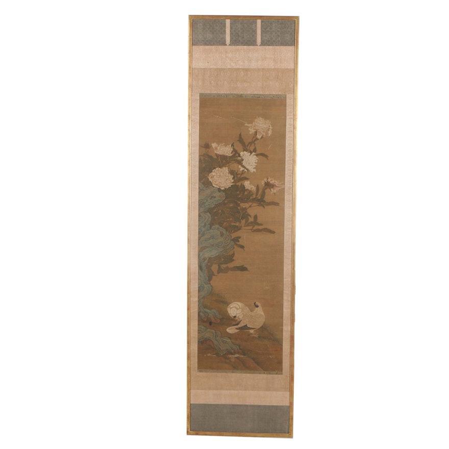 Chinese Gouache Hanging Scroll of Doves and Peonies