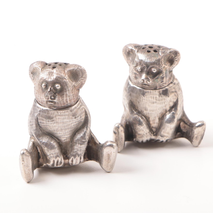 Pair of Sterling Silver Teddy Bear Salt and Pepper Shakers
