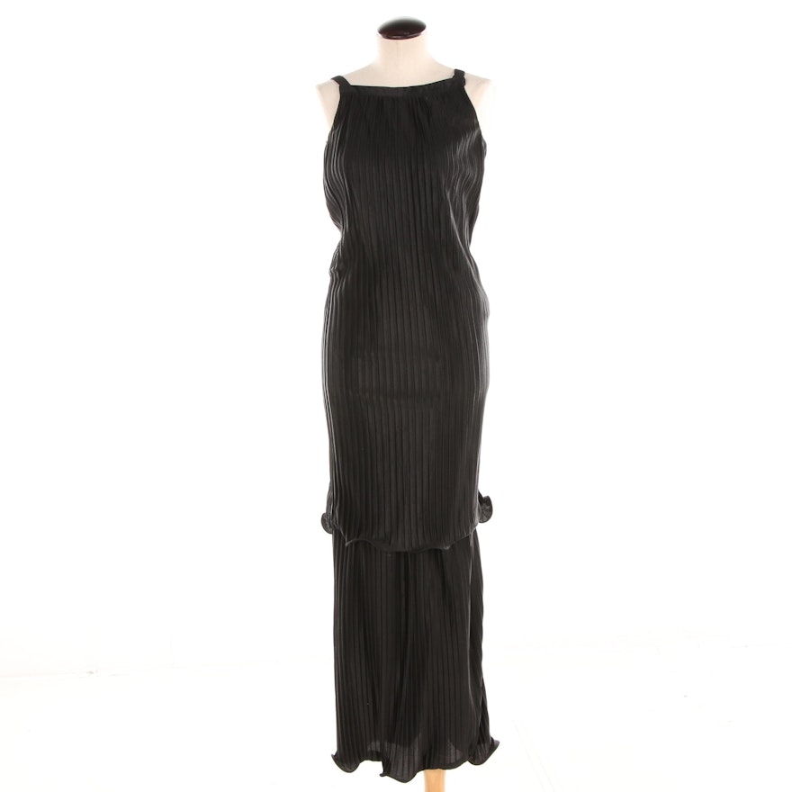 Circa 1970s Courréges Paris Black Plisse Overlay Sleeveless Maxi Dress