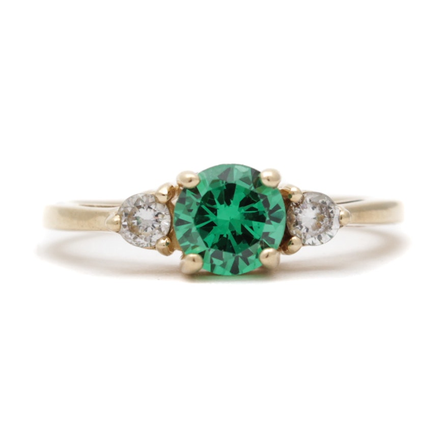 14K Yellow Gold Green and Clear Cubic Zirconia Ring