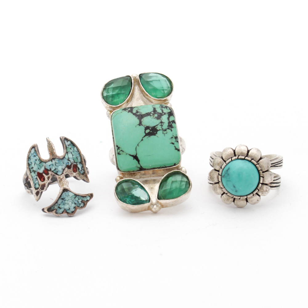 Sterling Silver Turquoise, Coral and Imitation Gemstone Rings