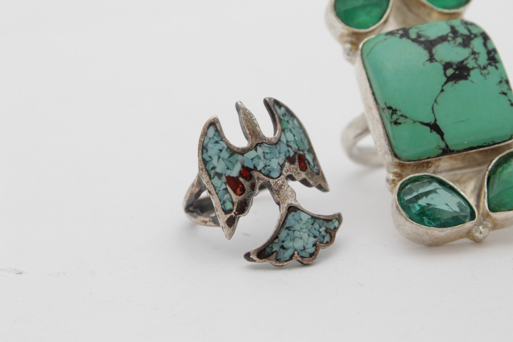 Sterling Silver Turquoise, Coral and Imitation Gemstone Rings