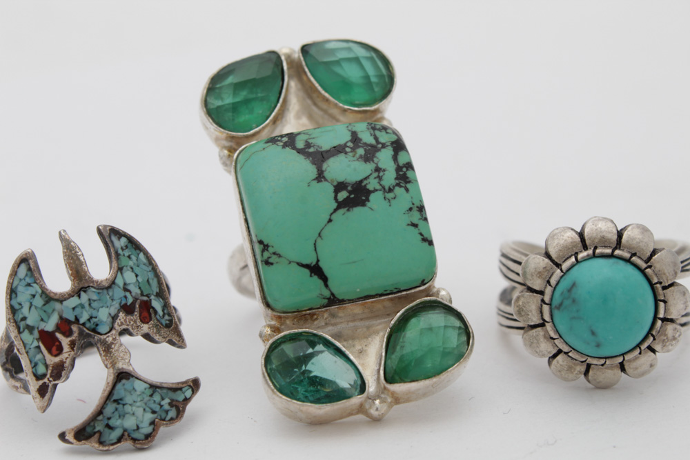 Sterling Silver Turquoise, Coral and Imitation Gemstone Rings