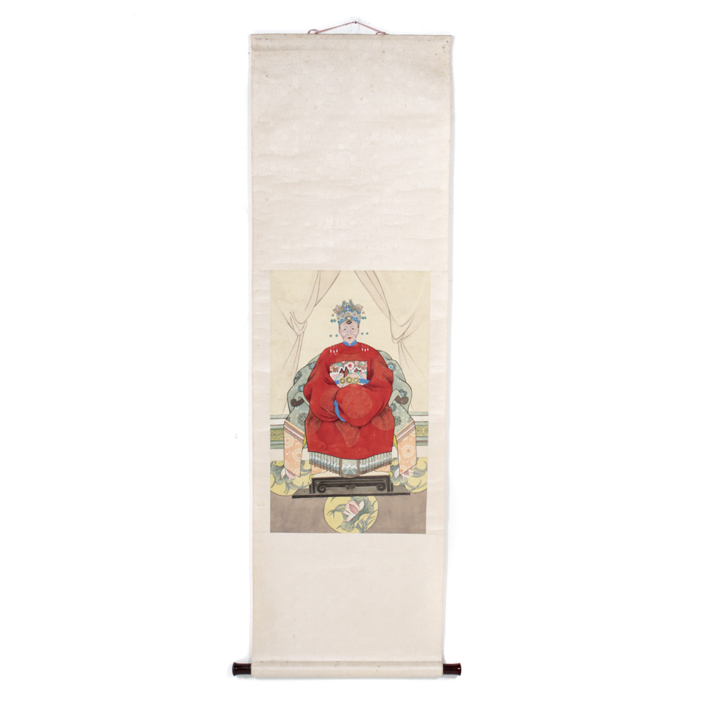 Vintage Gouache Chinese Ancestor Portrait Hanging Scroll