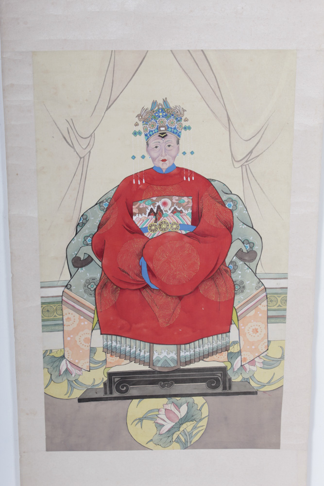 Vintage Gouache Chinese Ancestor Portrait Hanging Scroll