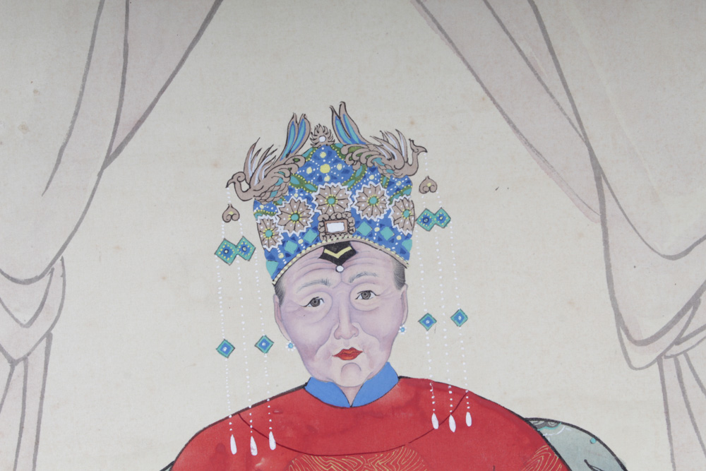 Vintage Gouache Chinese Ancestor Portrait Hanging Scroll