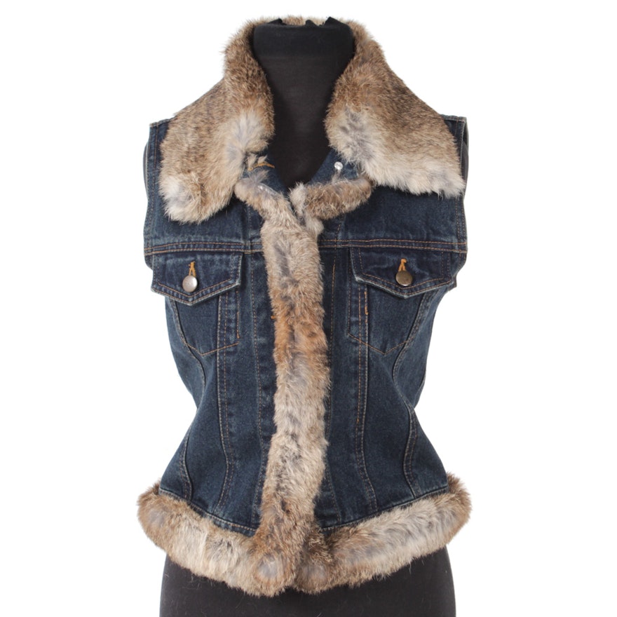 Lord & Taylor Rabbit Fur Trimmed Denim Vest