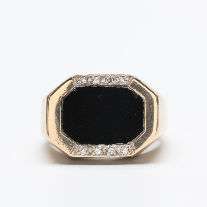 Vintage 14K Yellow Gold Black Onyx and Diamond Ring