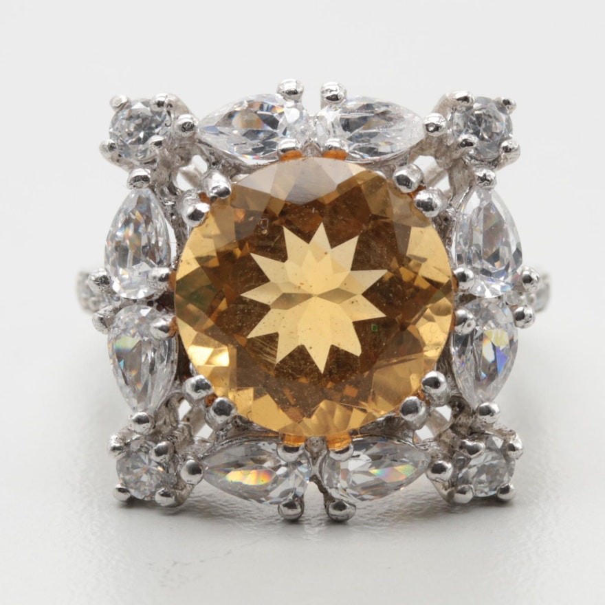 Sterling Silver Citrine and Cubic Zirconia Ring