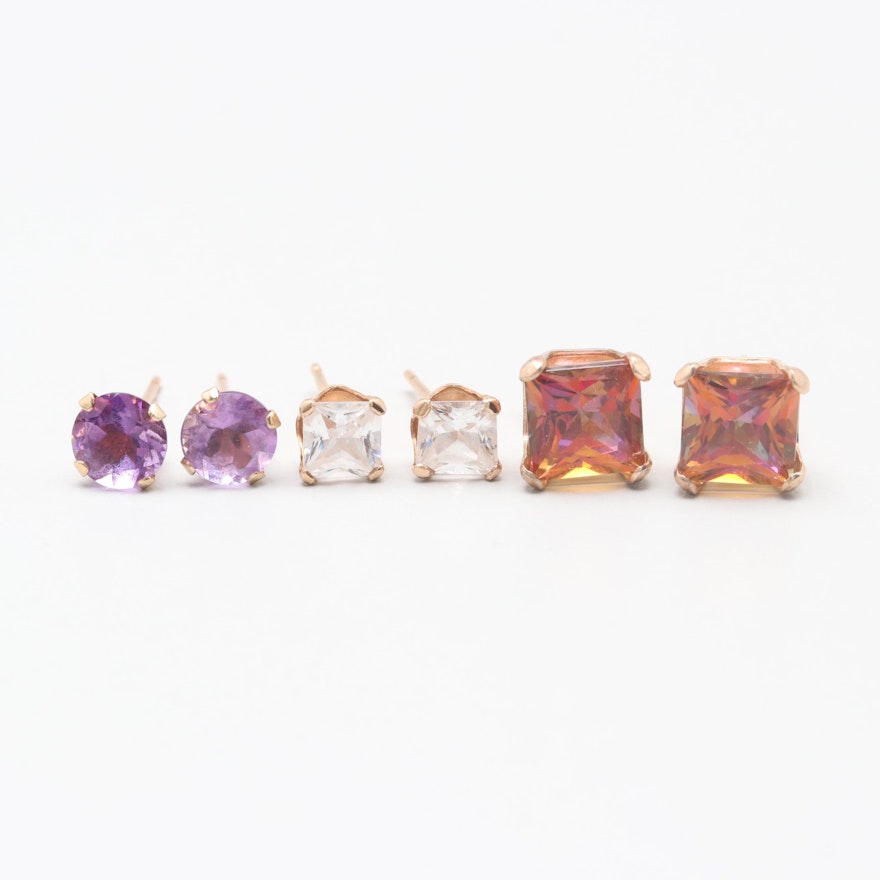 10K Yellow Gold Stud Earrings with Amethyst, Topaz and Cubic Zirconia