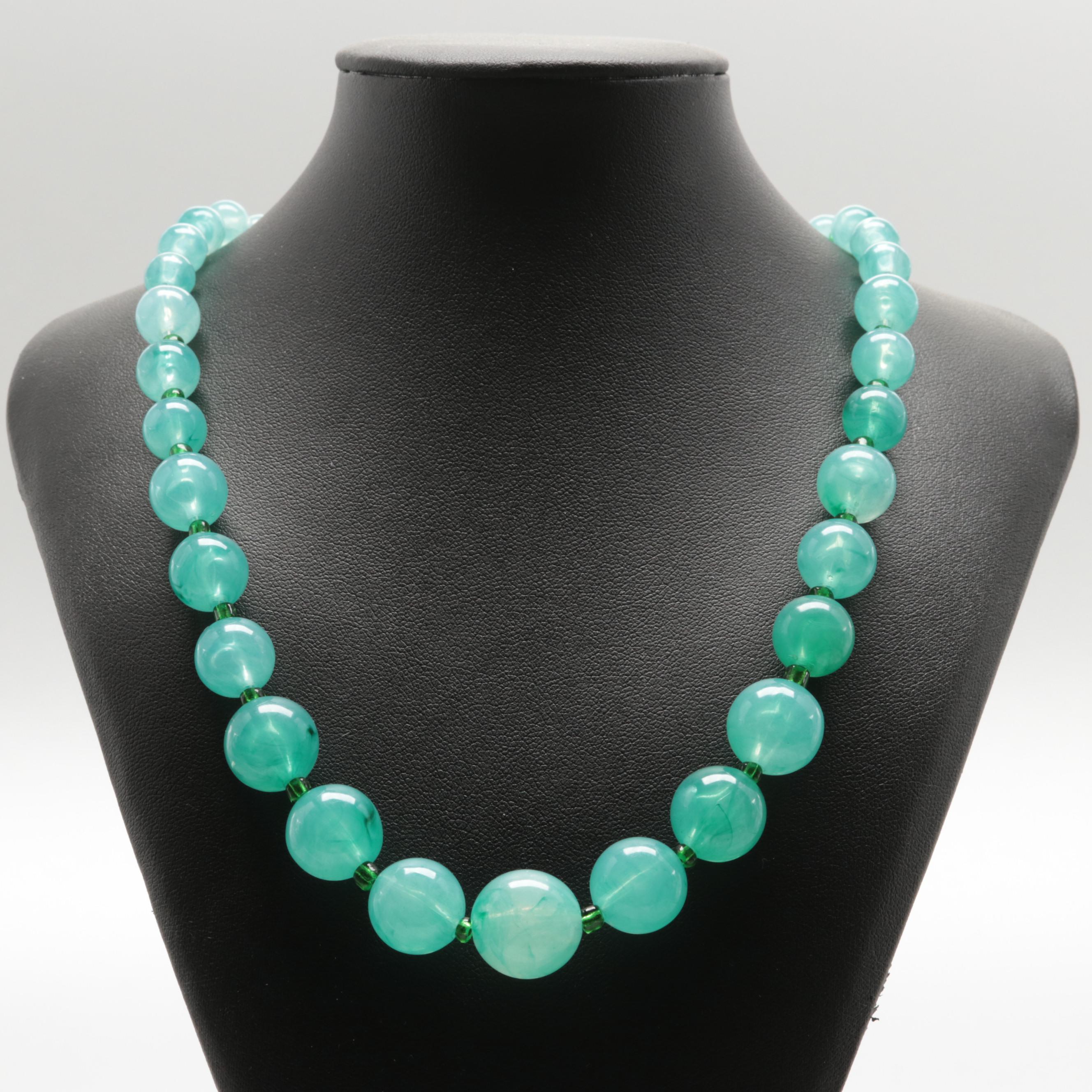 14K Yellow Gold Plastic and Glass Beaded Necklace