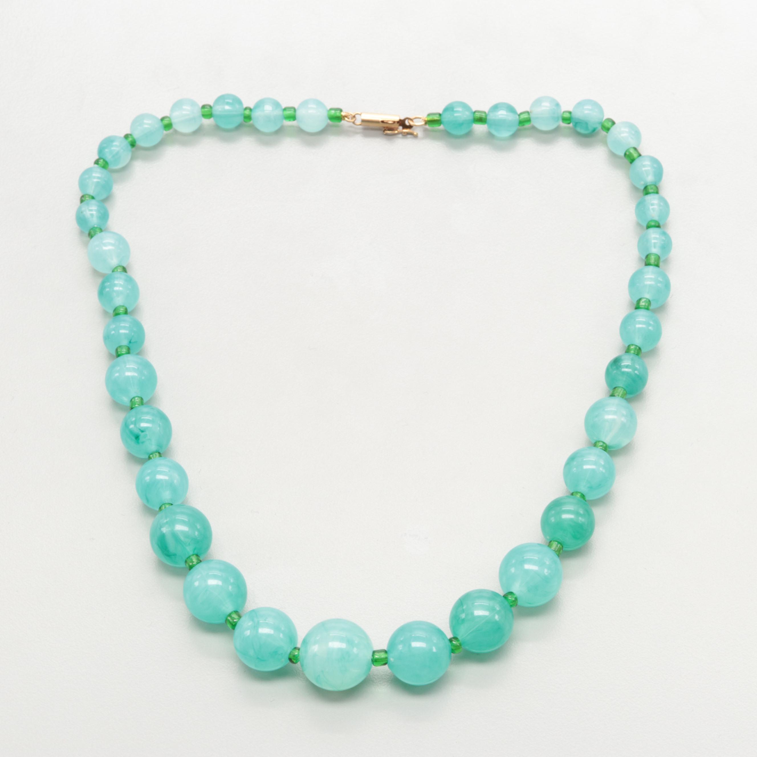 14K Yellow Gold Plastic and Glass Beaded Necklace