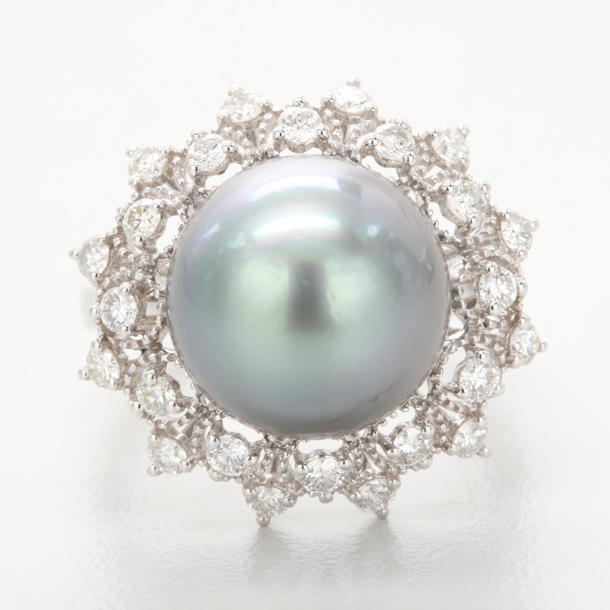 14K White Gold Cultured Pearl and Diamond Ring